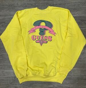 Vintage 80s Guess Original Graphic Crewneck Sweater Yellow Men's XL Made in USA